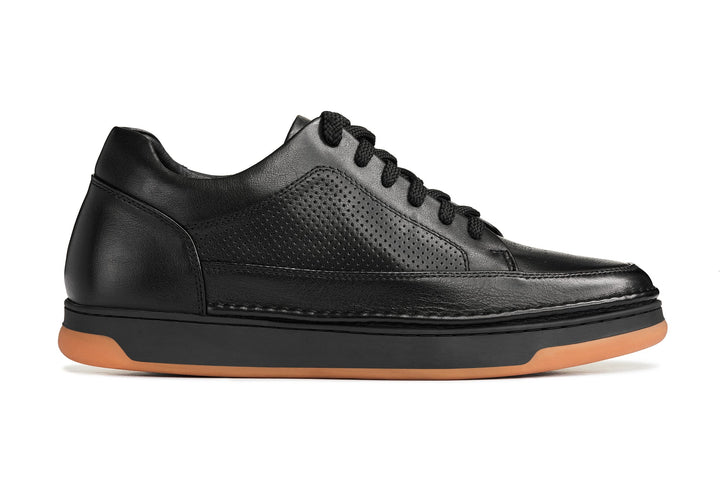 CALTO - Y7931 - 2.6 Inches Taller (Noir/Black &amp; Gum Sole) - Elevated Leather Micro-Perforated Sneakers