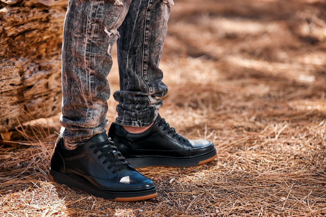 CALTO - Y7931 - 2.6 Inches Taller (Noir/Black &amp; Gum Sole) - Elevated Leather Micro-Perforated Sneakers