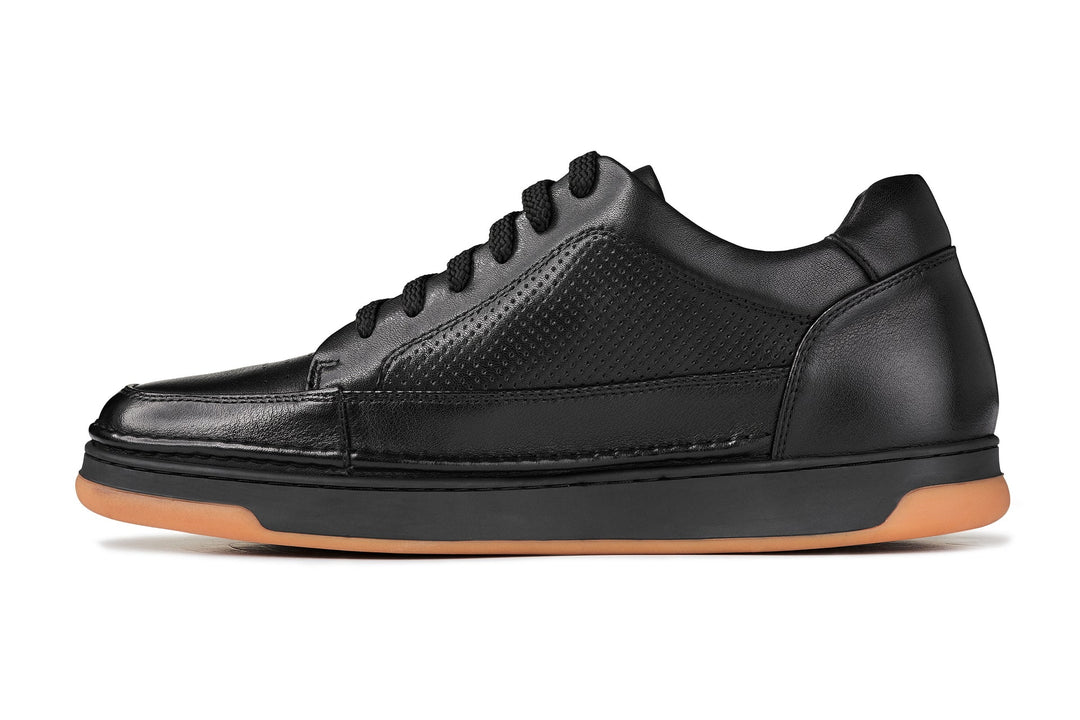 CALTO - Y7931 - 2.6 Inches Taller (Noir/Black &amp; Gum Sole) - Elevated Leather Micro-Perforated Sneakers