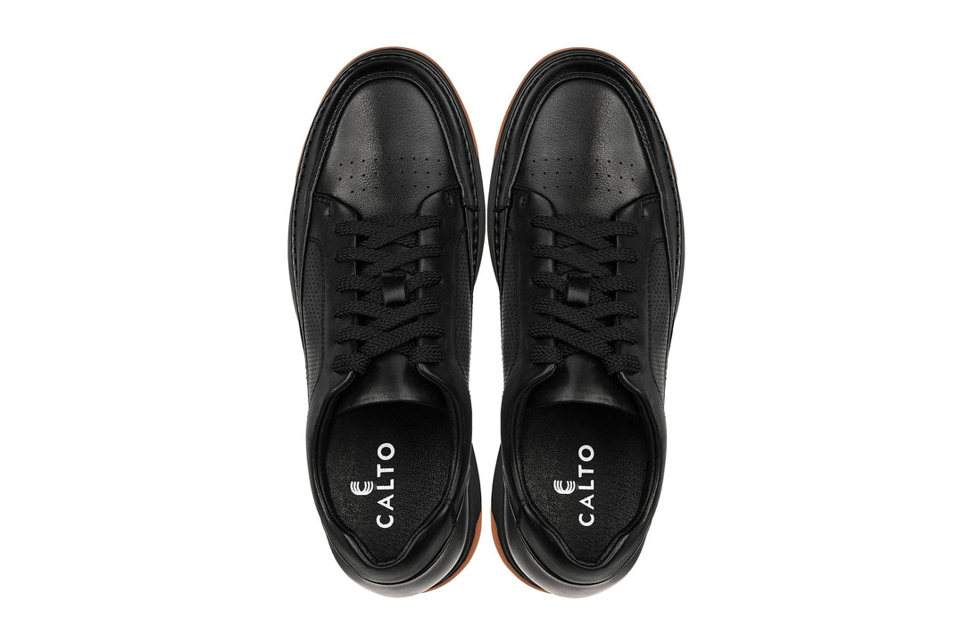 CALTO - Y7931 - 2.6 Inches Taller (Noir/Black &amp; Gum Sole) - Elevated Leather Micro-Perforated Sneakers
