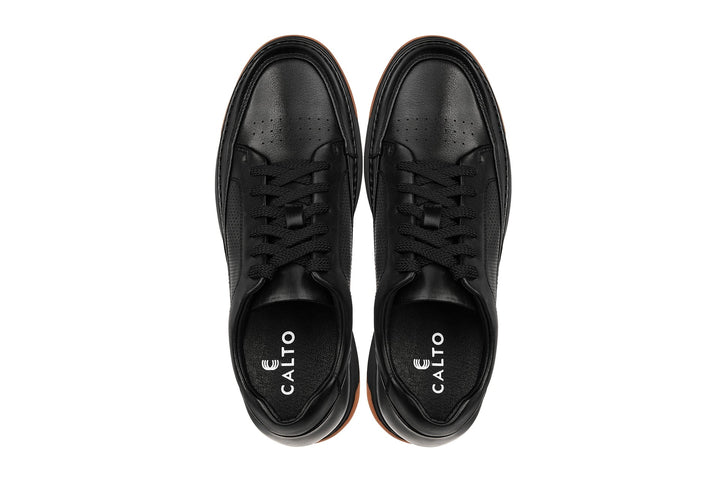 CALTO - Y7931 - 2.6 Inches Taller (Noir/Black &amp; Gum Sole) - Elevated Leather Micro-Perforated Sneakers