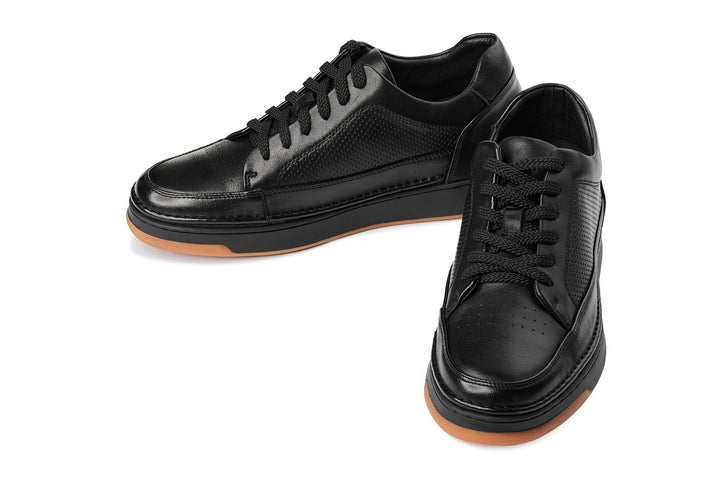 CALTO - Y7931 - 2.6 Inches Taller (Noir/Black &amp; Gum Sole) - Elevated Leather Micro-Perforated Sneakers