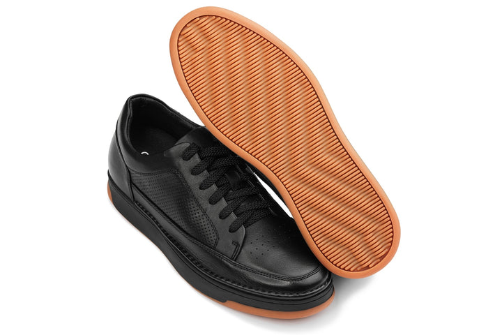 CALTO - Y7931 - 2.6 Inches Taller (Noir/Black &amp; Gum Sole) - Elevated Leather Micro-Perforated Sneakers