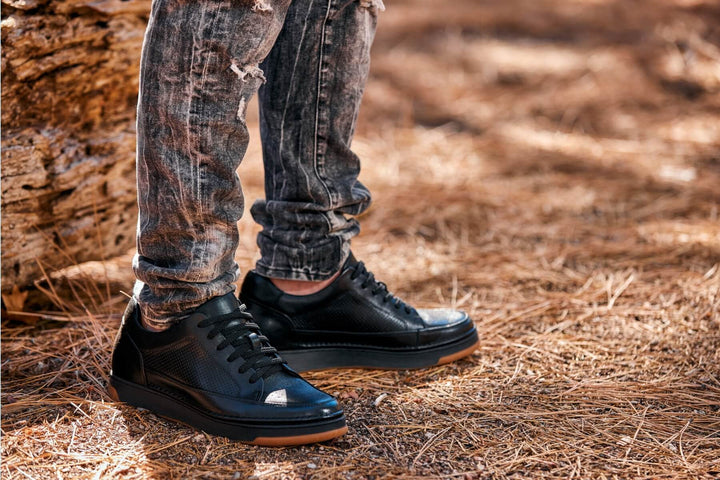CALTO - Y7931 - 2.6 Inches Taller (Noir/Black &amp; Gum Sole) - Elevated Leather Micro-Perforated Sneakers