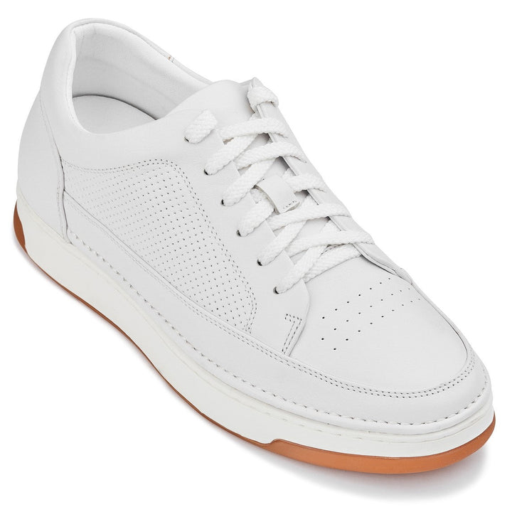 CALTO - Y7932 - 2.6 Inches Taller (White/Off-White &amp; Gum Sole) - Elevated Micro-Perforated Leather Sneakers