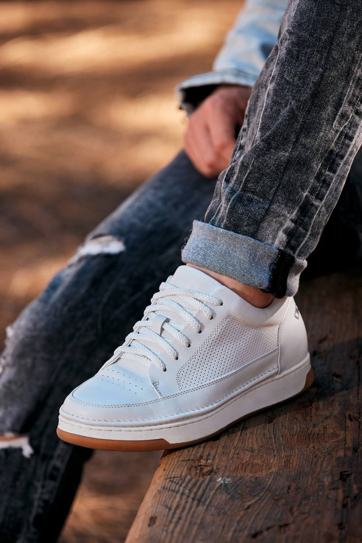 CALTO - Y7932 - 2.6 Inches Taller (White/Off-White &amp; Gum Sole) - Elevated Micro-Perforated Leather Sneakers