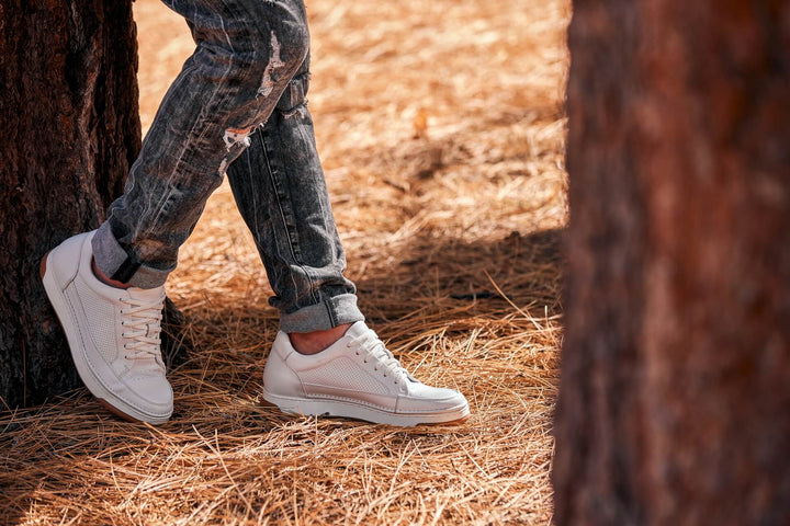 CALTO - Y7932 - 2.6 Inches Taller (White/Off-White &amp; Gum Sole) - Elevated Micro-Perforated Leather Sneakers