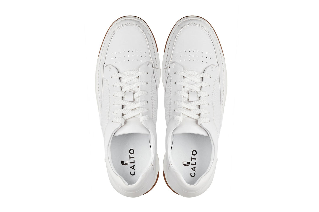 CALTO - Y7932 - 2.6 Inches Taller (White/Off-White &amp; Gum Sole) - Elevated Micro-Perforated Leather Sneakers