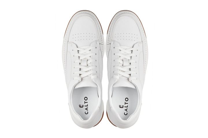 CALTO - Y7932 - 2.6 Inches Taller (White/Off-White &amp; Gum Sole) - Elevated Micro-Perforated Leather Sneakers