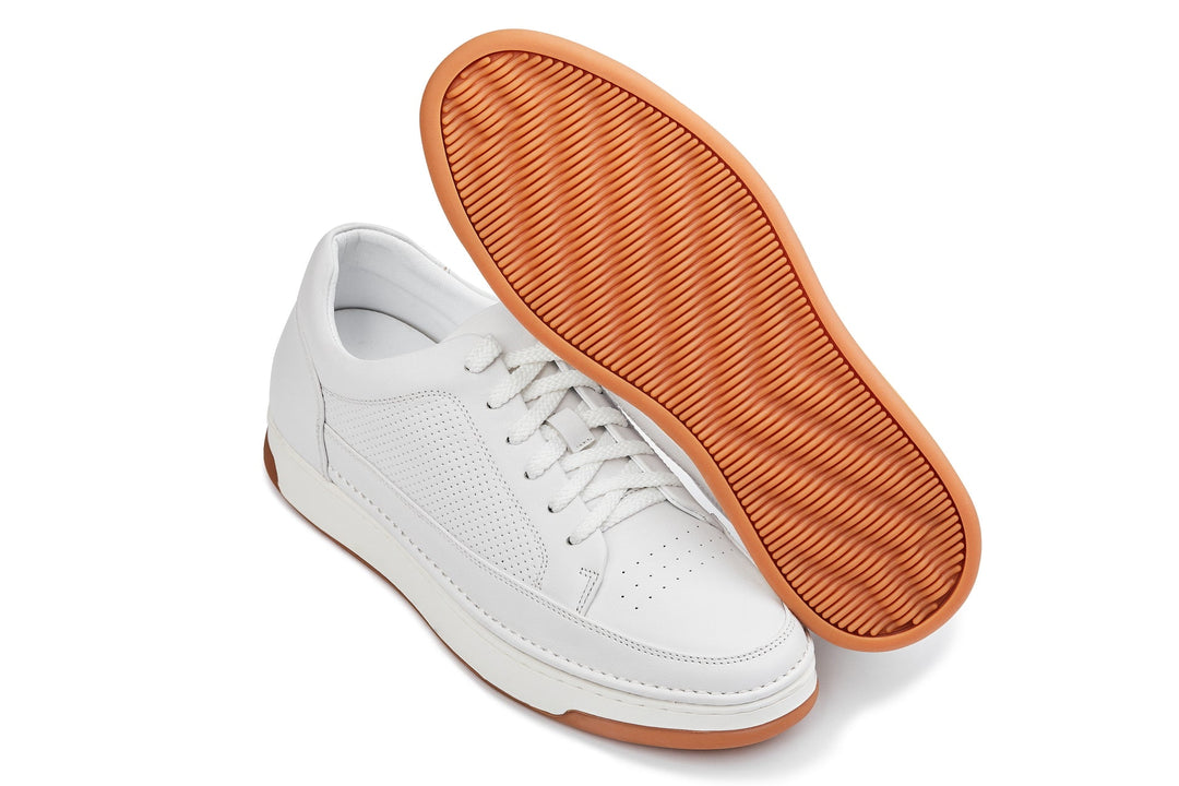 CALTO - Y7932 - 2.6 Inches Taller (White/Off-White &amp; Gum Sole) - Elevated Micro-Perforated Leather Sneakers