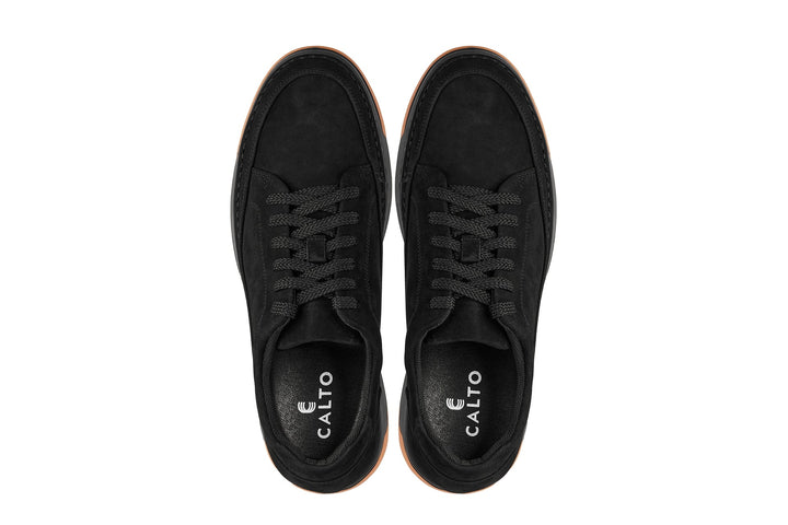 CALTO - Y7933 - 2.6 Inches Taller (Noir Suede/Black &amp; Gum Sole) - Elevated Suede Sneakers