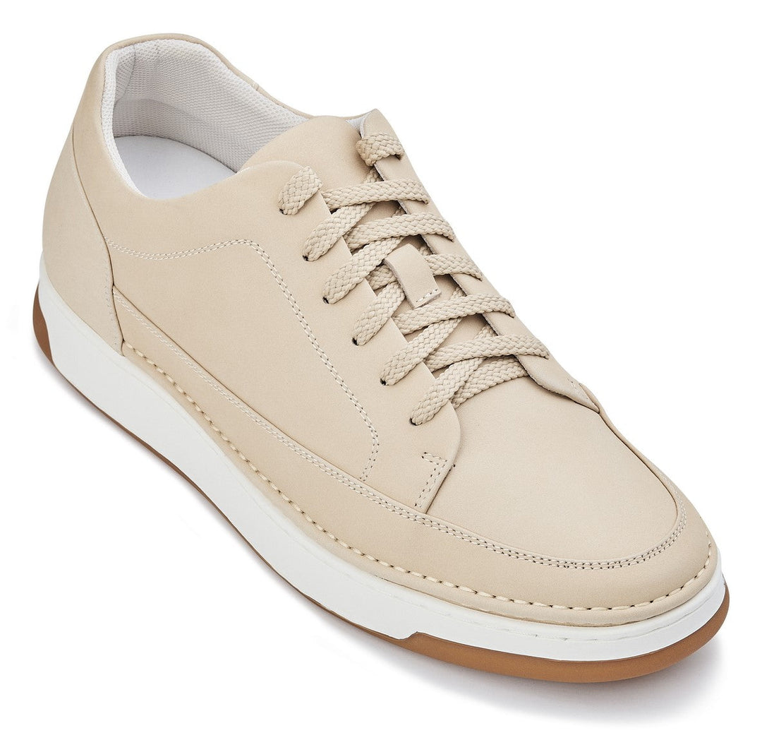 CALTO - Y7934 - 2.6 Inches Taller (Ivory White Suede/White &amp; Gum Sole) - Elevated Leather Sneakers