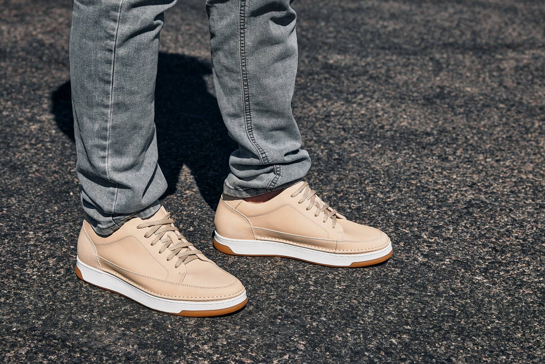 CALTO - Y7934 - 2.6 Inches Taller (Ivory White Suede/White &amp; Gum Sole) - Elevated Leather Sneakers