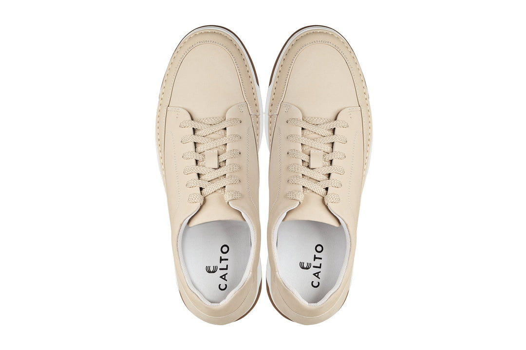 CALTO - Y7934 - 2.6 Inches Taller (Ivory White Suede/White &amp; Gum Sole) - Elevated Leather Sneakers
