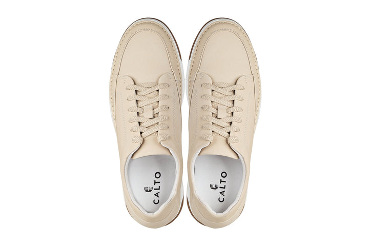 CALTO - Y7934 - 2.6 Inches Taller (Ivory White Suede/White &amp; Gum Sole) - Elevated Leather Sneakers