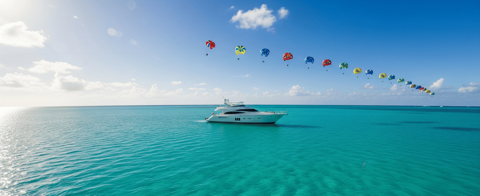 Yacht on a clear blue ocean with colorful paragliders in the sky