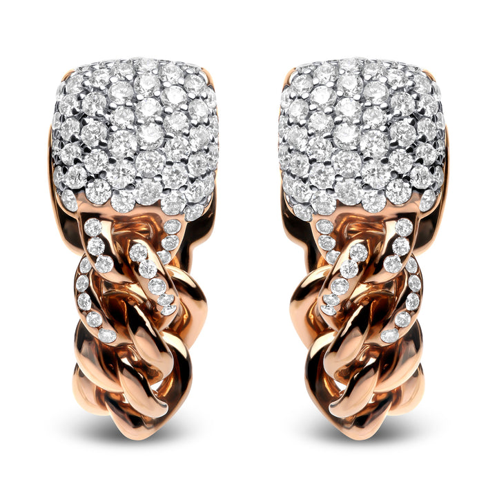 18K Rose Gold 3/4 Cttw Round Diamond Pave Cuban Chain Huggie Earrings (G-H Color, SI1-SI2 Clarity)