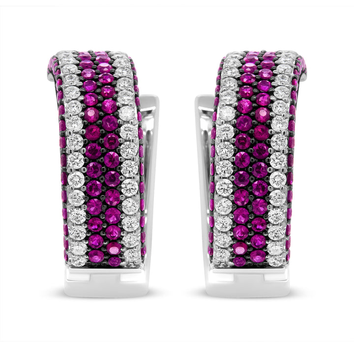 18K White Gold 1 7/8 Cttw Diamond and 1mm Round Red Ruby Open Swish Hoop Earrings (F-G Color, VS1-VS2 Clarity)