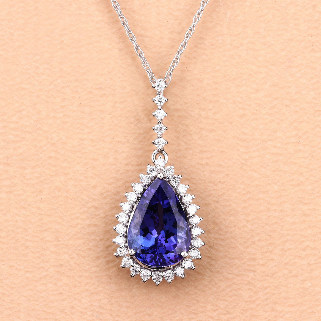3.05 Carat Genuine Tanzanite and White Diamond 14K White Gold Pendant