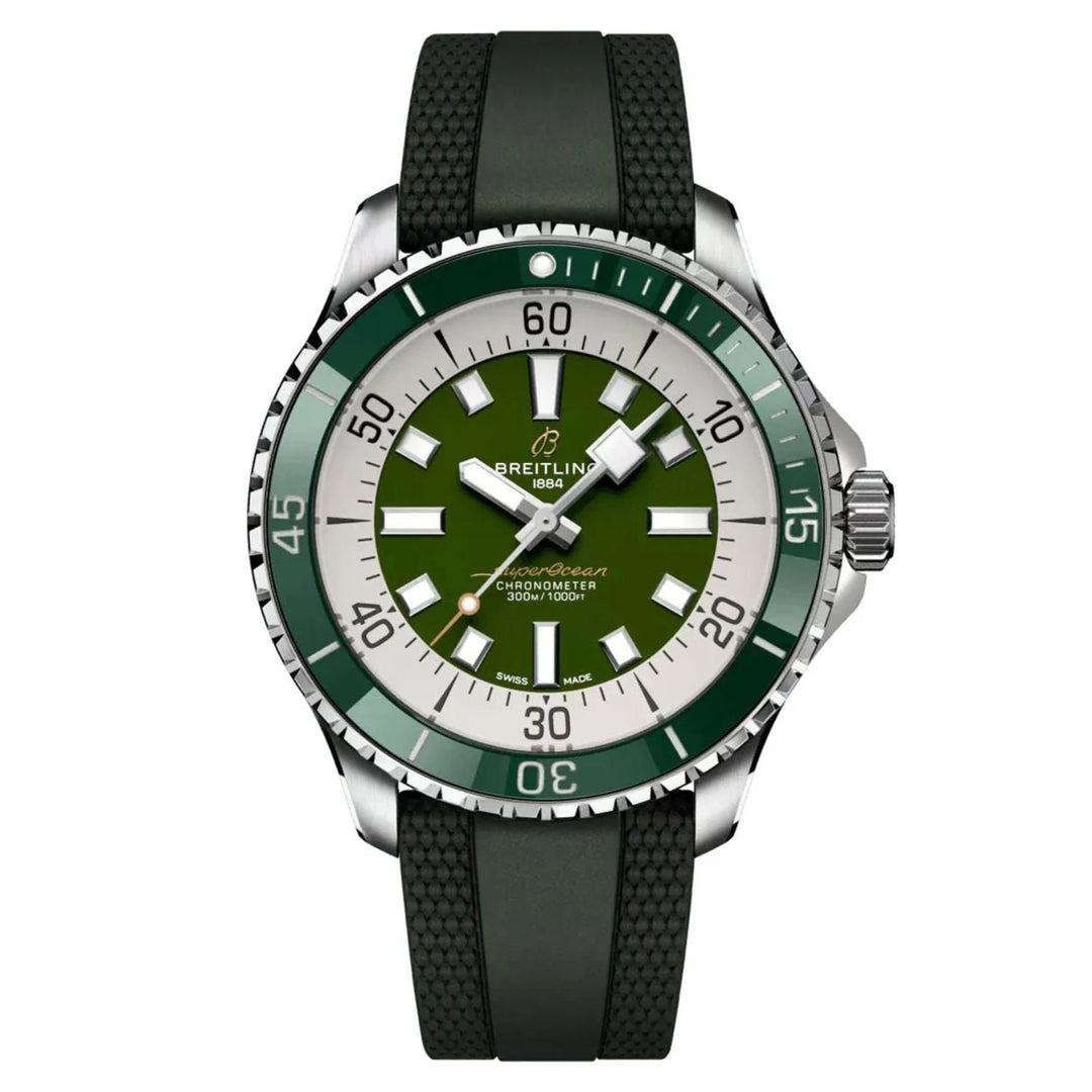 Green watch with black strap on a white background