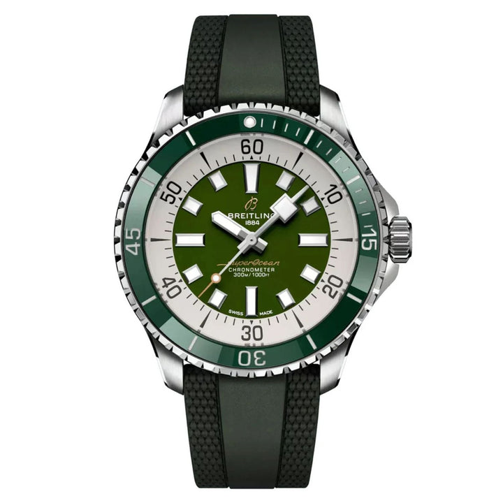 Green watch with black strap on a white background
