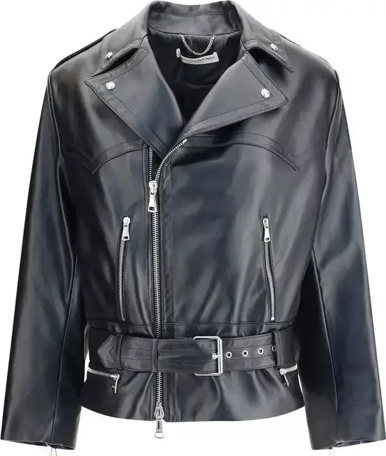 Black leather jacket with silver zippers on a white background