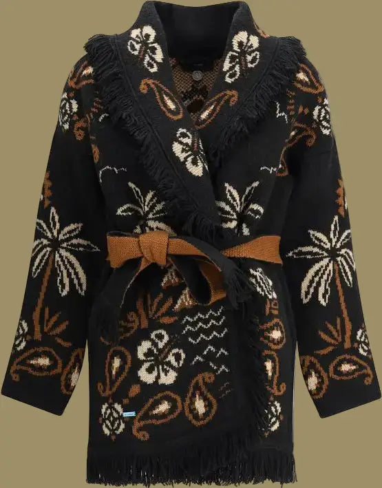 Black patterned coat with a belt on a white background