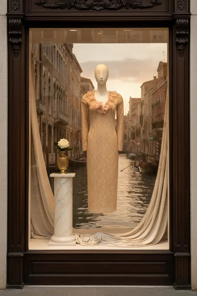 Beige dress with ruffled neckline on a white background