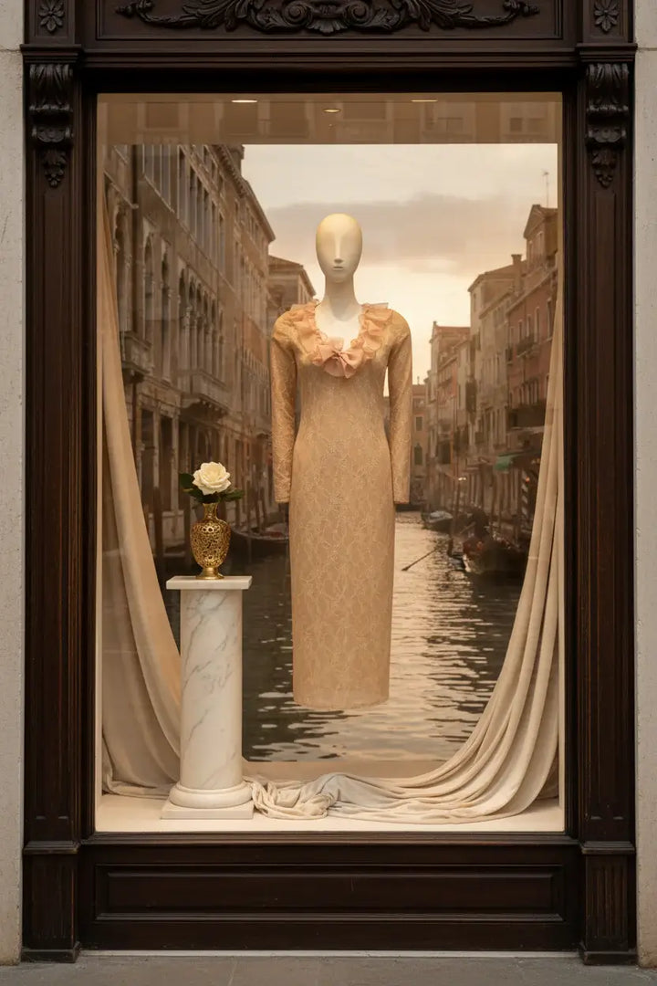 Beige dress with ruffled neckline on a white background