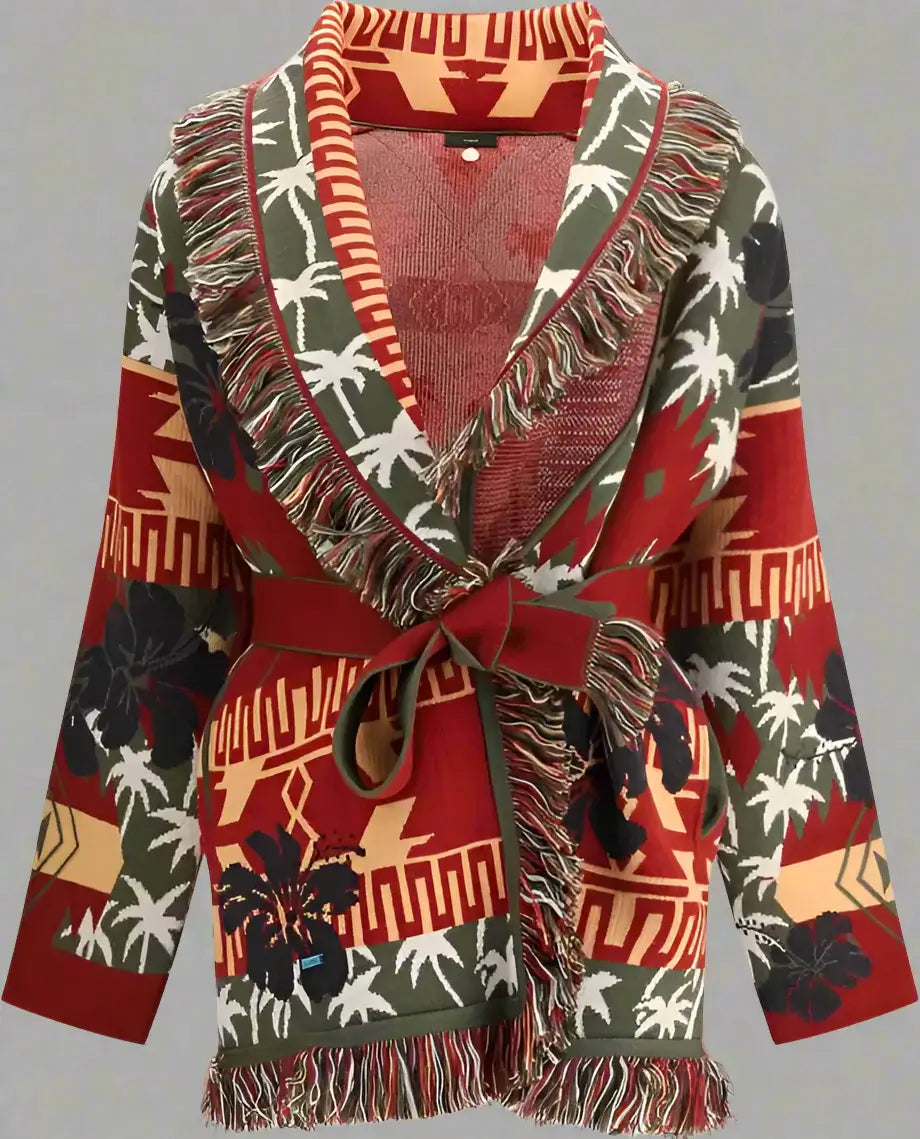 Patterned jacket with fringes on a white background