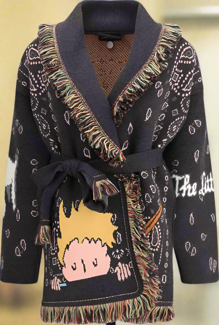 Patterned robe with cartoon character design on a plain background