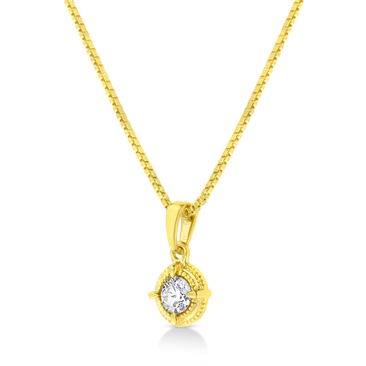 14K Yellow Gold Plated .925 Sterling Silver 1/2 Cttw Brilliant Round Cut Diamond Solitaire Milgrain 18" Pendant Necklace (K-L Color, I2-I3 Clarity)