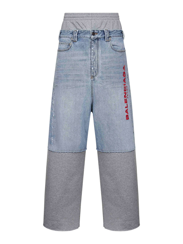 Balenciaga Men Light Blue Denim And Grey Fleece Trousers