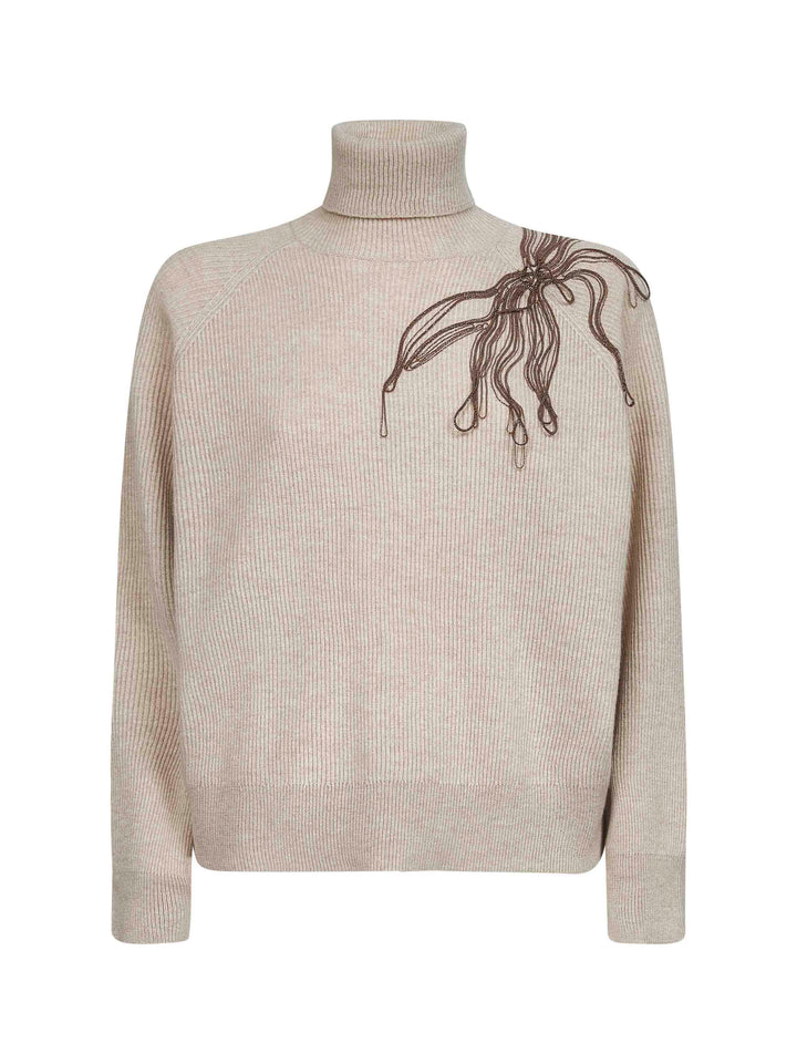 Brunello Cucinelli Women Beige Cashmere Embroidered Roll Neck Sweater