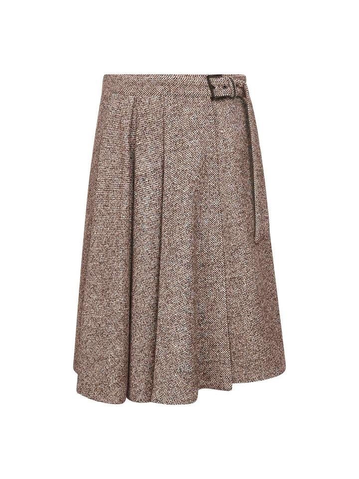 Brunello Cucinelli Women Brown Flecked Chevron Kilt Skirt With Monili