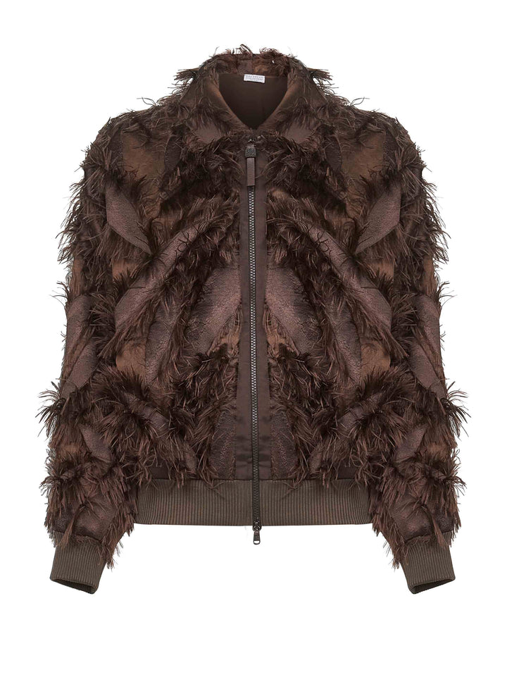 Brunello Cucinelli Women Brown Dracaena Fil Coupé Shiny Zipper Pull Bomber Jacket
