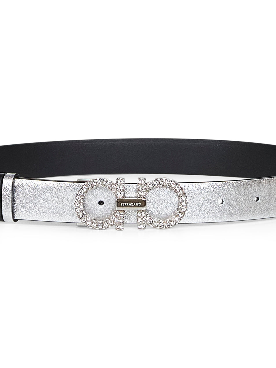 Ferragamo Women Silver Laminated Calf Leather Gancini Belt
