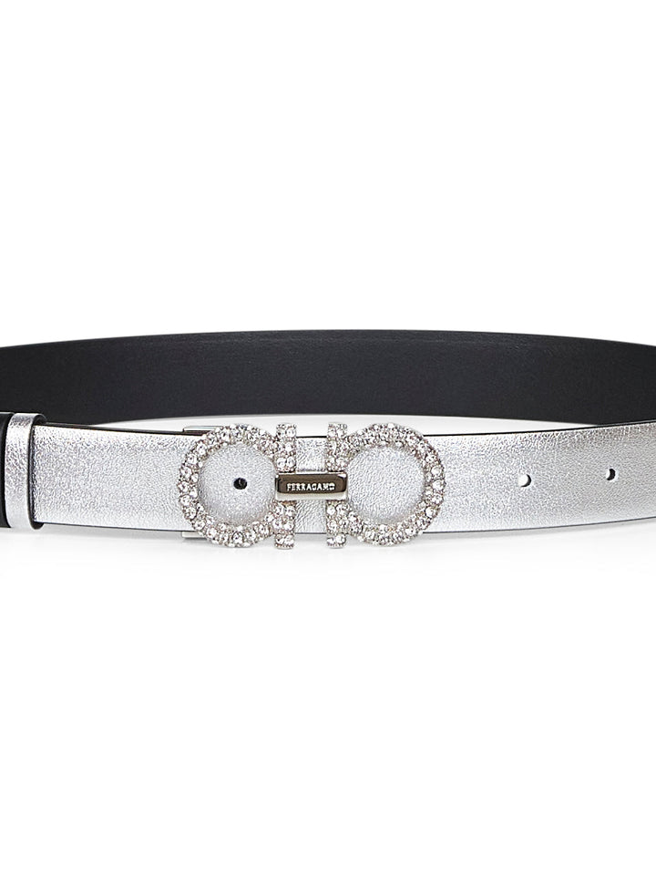 Ferragamo Women Silver Laminated Calf Leather Gancini Belt