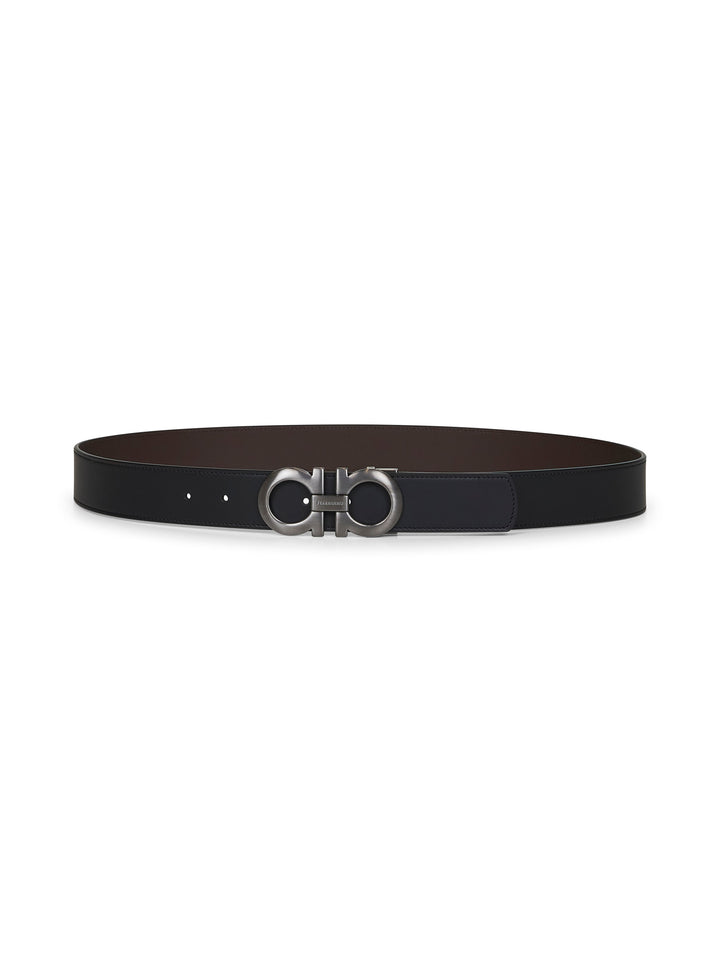 Ferragamo Men Black Leather Gancini Reversible Belt