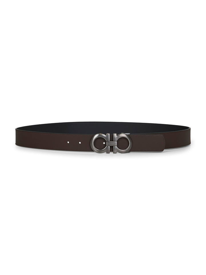 Ferragamo Men Black Leather Gancini Reversible Belt