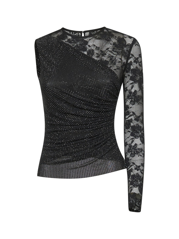 Self Portrait Women Black Rhinestone Mesh And Lace Top