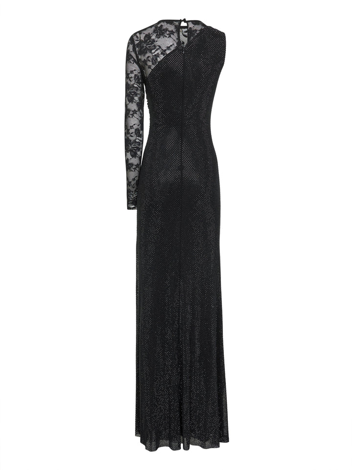 Self Portrait Women Black Rhinestone Mesh And Lace Maxi Dress