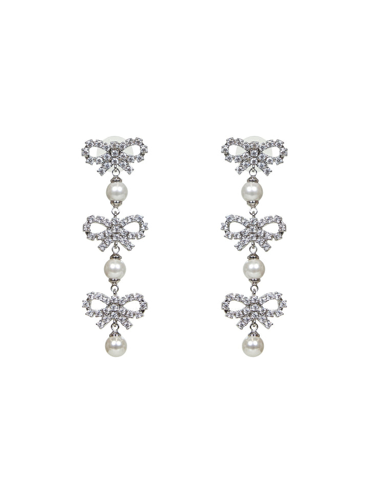 Self Portrait Women Silver Micro Bow Pearl Tiered Earrings