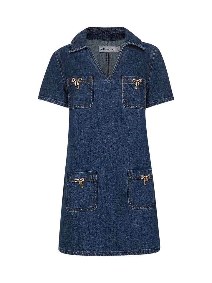 Self Portrait Women Blue Denim Gold Bow Mini Dress