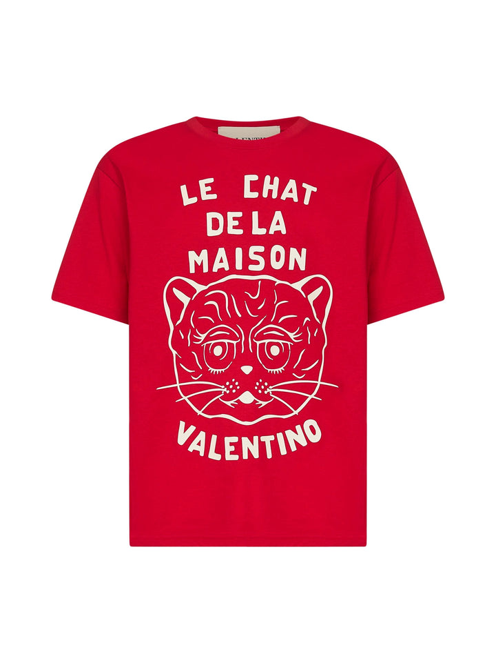 Valentino Men Red Cotton Le Chat De La Maison Print T-Shirt