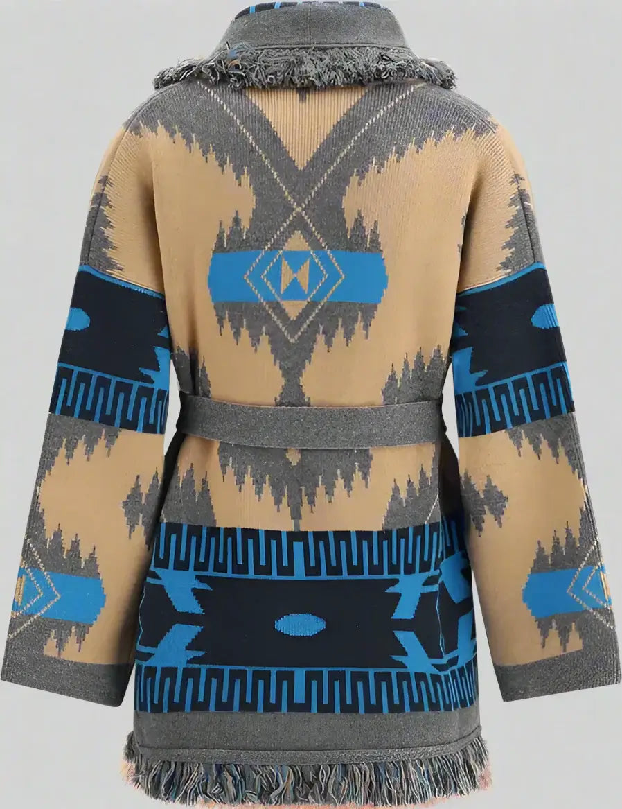 Patterned jacket with blue and gray geometric design on a white background