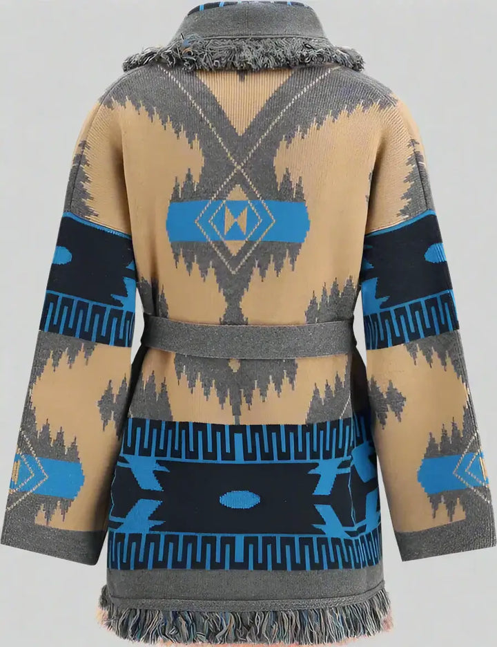 Patterned jacket with blue and gray geometric design on a white background