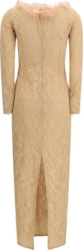 Beige lace dress with a high slit on a white background
