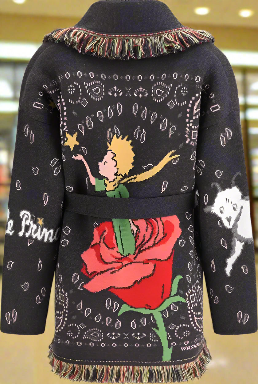 Black coat with embroidered design of 'The Little Prince' and a rose.