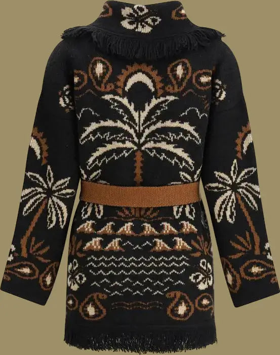 Black sweater with palm tree pattern on a white background